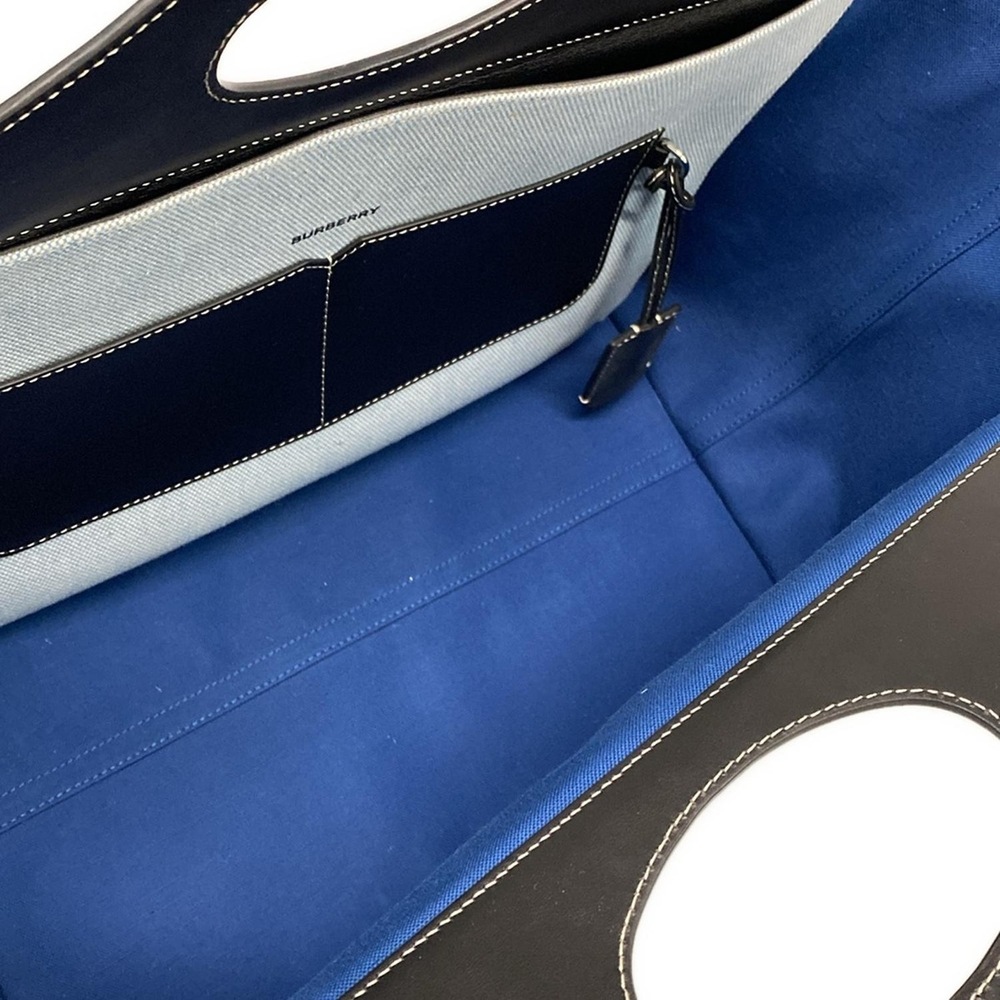 BURBERRY Soft Pocket Tote Bag Logo Canvas Embossed Blue Black Leather - Picture 7 of 7